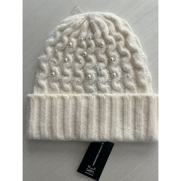 INC International Concepts Ivory‎ Knit Beanie Faux Pearl Embellishments - Picture 1 of 3